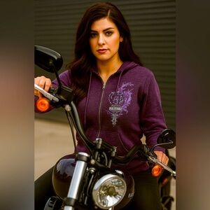 HARLEY DAVIDSON Womens Size Small
Purple Rose Full Zip Hoodie .